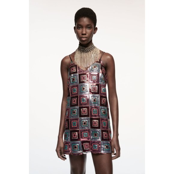 ZARA NYE SEQUIN BOHO SQUARE PATHWORK MINI DRESS - Picture 5 of 16